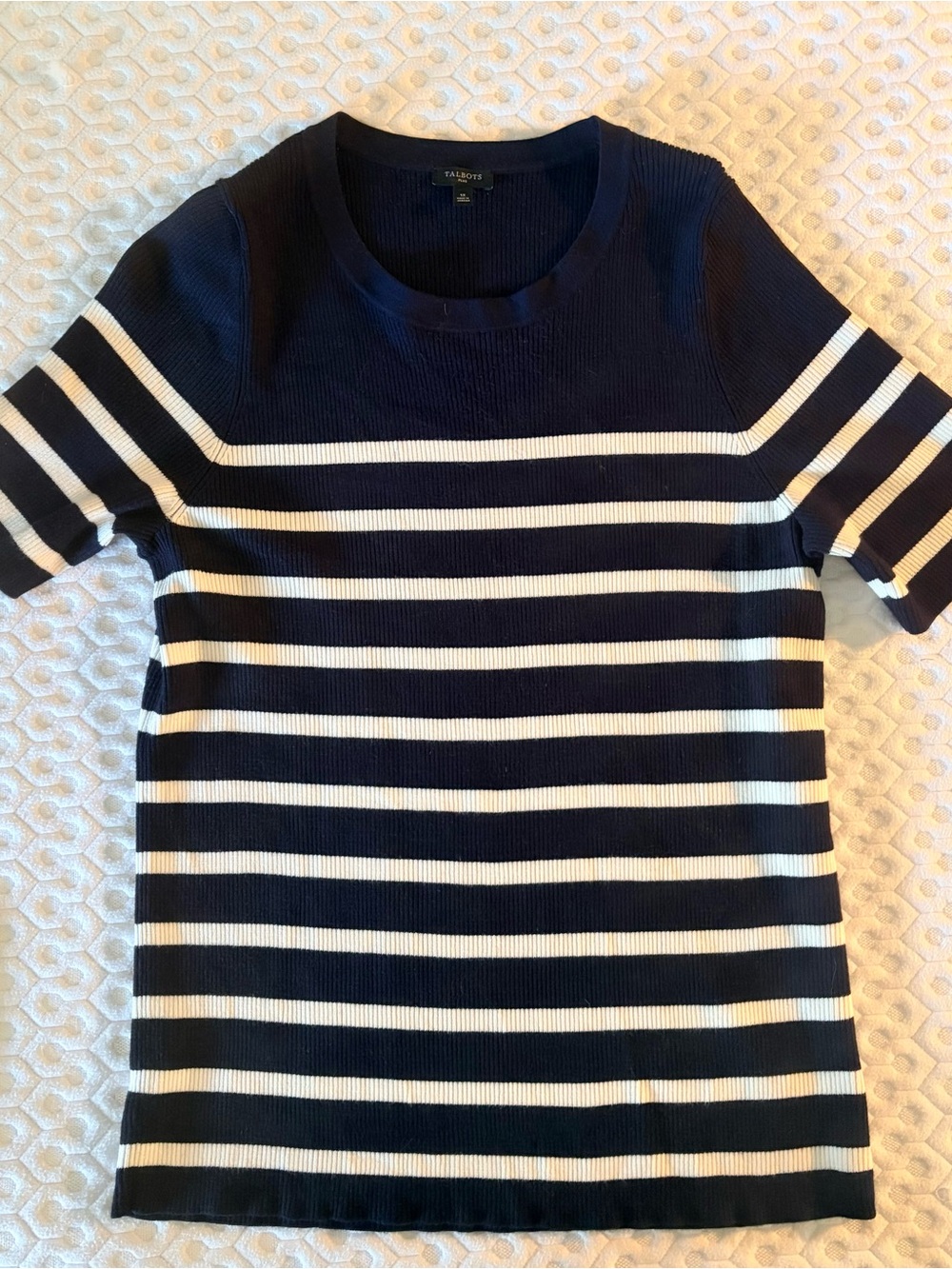 Talbots Navy and White Striped Short-Sleeve Ribbed Knit Tee